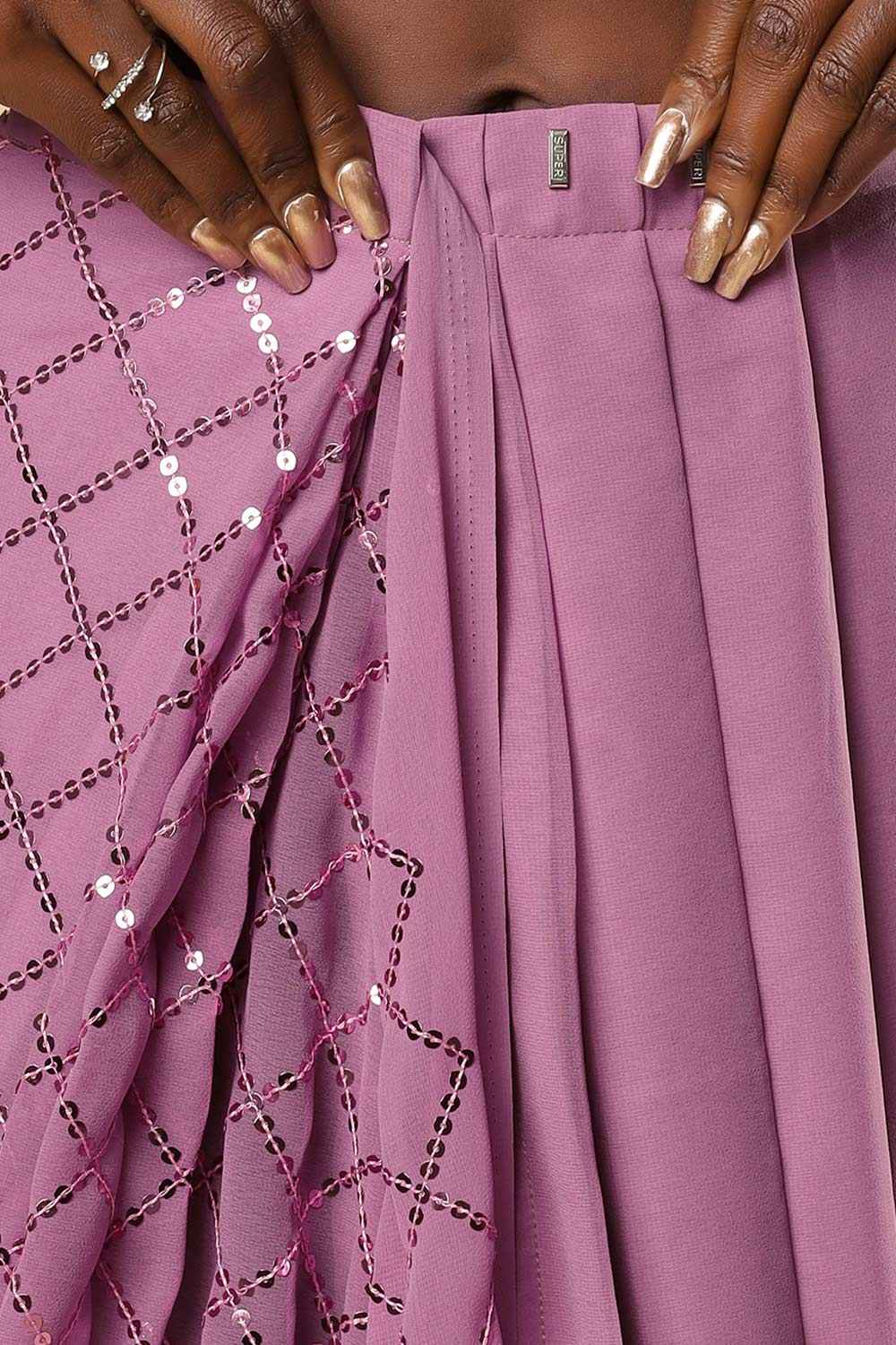 Buy Huda Onion Purple Georgette Sequins One Minute Saree Online - Zoom Out