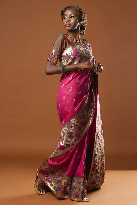 Buy Misha Magenta Paithani Art Silk One Minute Saree Online - Back