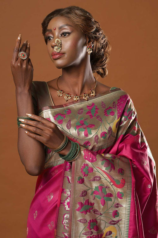 Buy Misha Magenta Paithani Art Silk One Minute Saree Online - Front