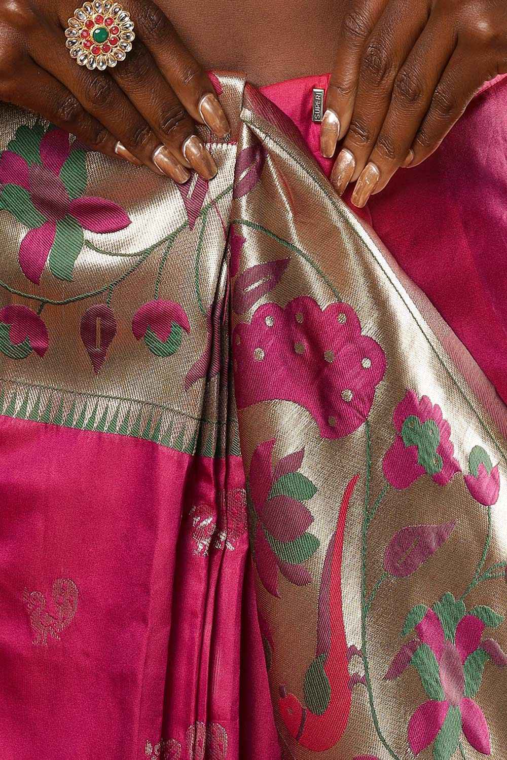Buy Misha Magenta Paithani Art Silk One Minute Saree Online - Zoom Out