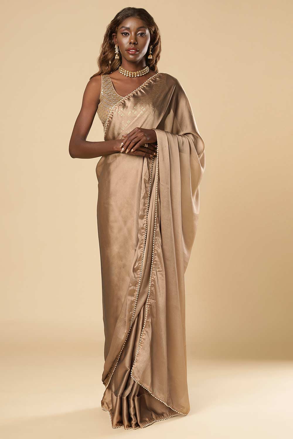 Buy Sula Beige Georgette One Minute Saree Online - One Minute Saree