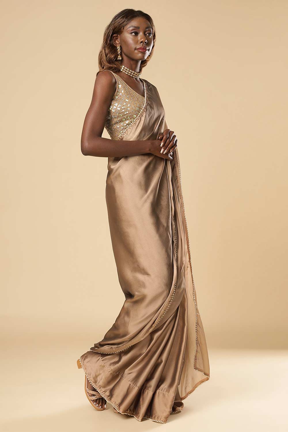 Buy Sula Beige Georgette One Minute Saree Online - Back