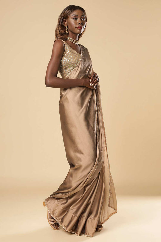 Buy Sula Beige Georgette One Minute Saree Online - Back