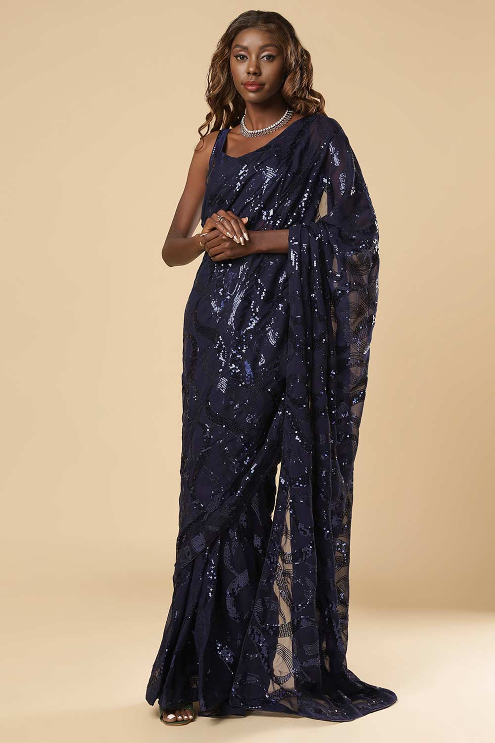 Buy Bina Navy Blue Georgette Sequin One Minute Saree Online - One Minute Saree