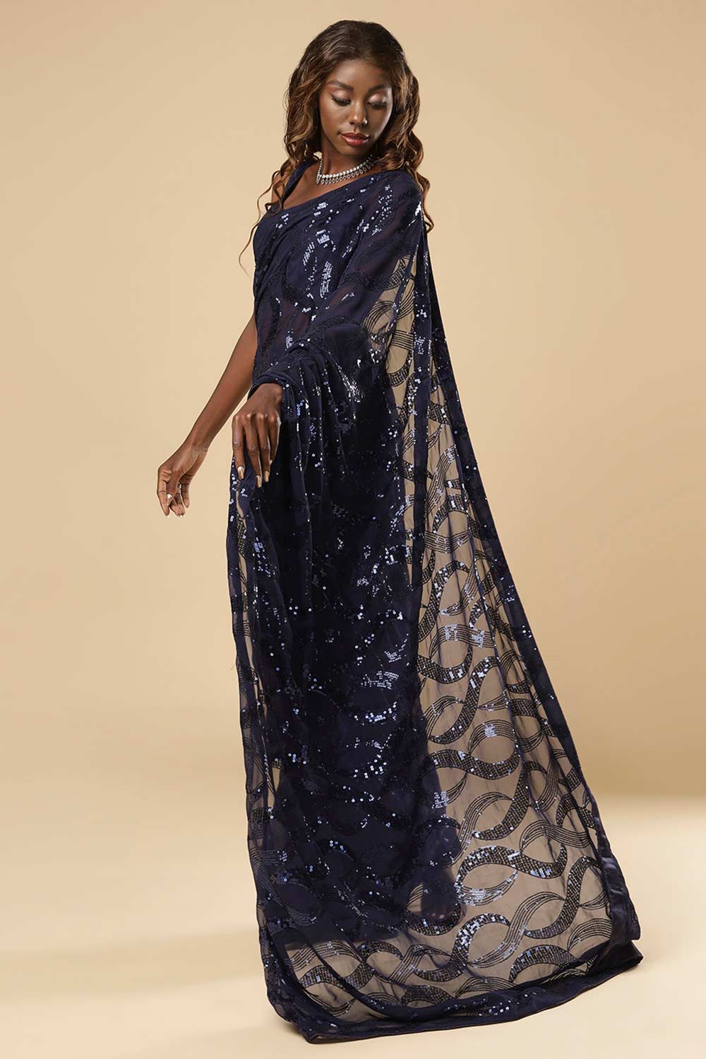 Buy Bina Navy Blue Georgette Sequin One Minute Saree Online