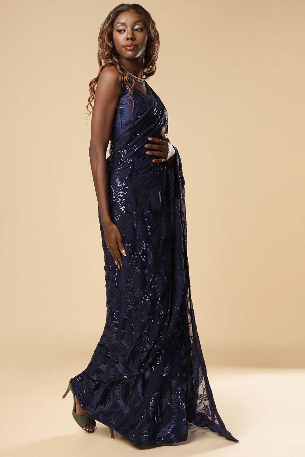 Buy Bina Navy Blue Georgette Sequin One Minute Saree Online - Back