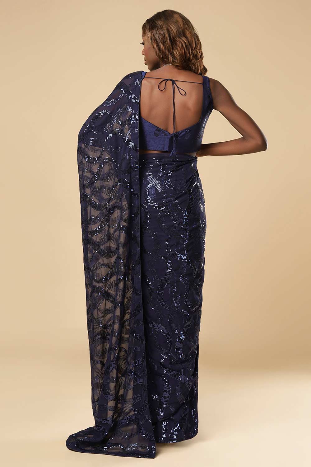 Shop Bina Navy Blue Georgette Sequin One Minute Saree at best offer at our  Store - One Minute Saree