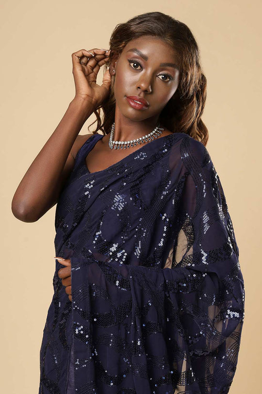 Buy Bina Navy Blue Georgette Sequin One Minute Saree Online - Front