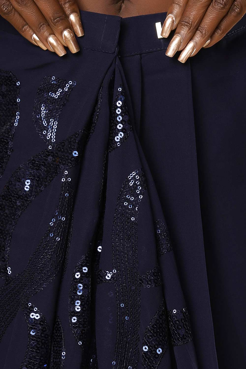 Buy Bina Navy Blue Georgette Sequin One Minute Saree Online - Zoom Out