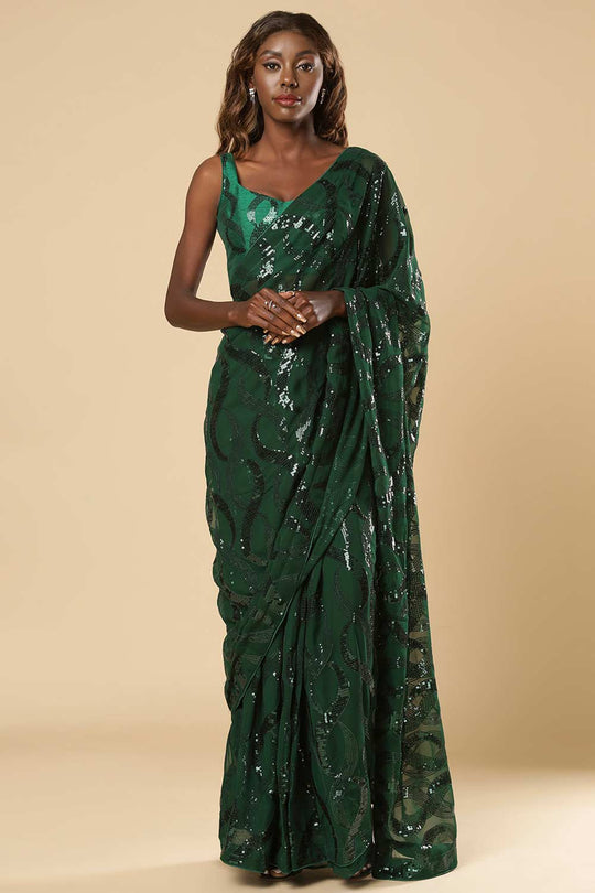 Buy Shammi Green Georgette Sequin One Minute Saree Online - One Minute Saree