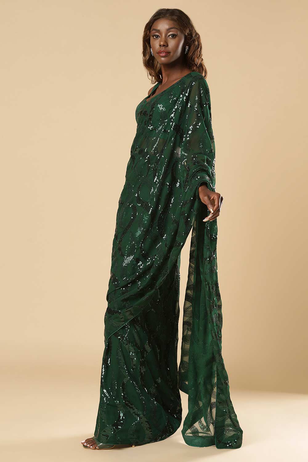 Buy Shammi Green Georgette Sequin One Minute Saree Online