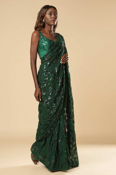 Buy Shammi Green Georgette Sequin One Minute Saree Online - Back