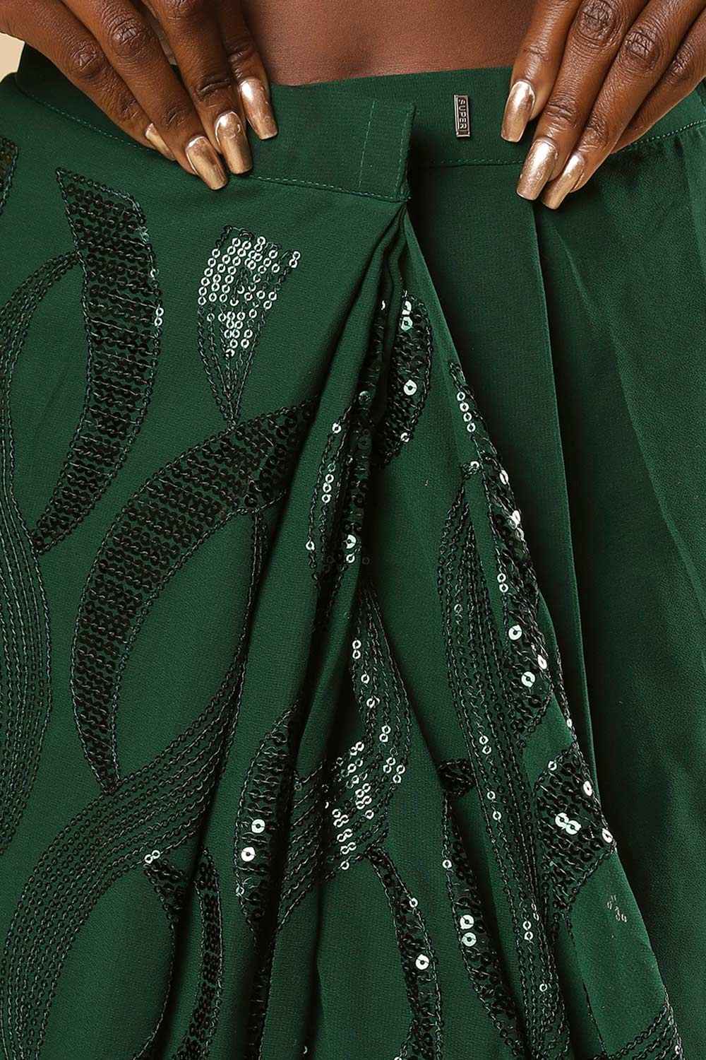 Buy Shammi Green Georgette Sequin One Minute Saree Online - Side