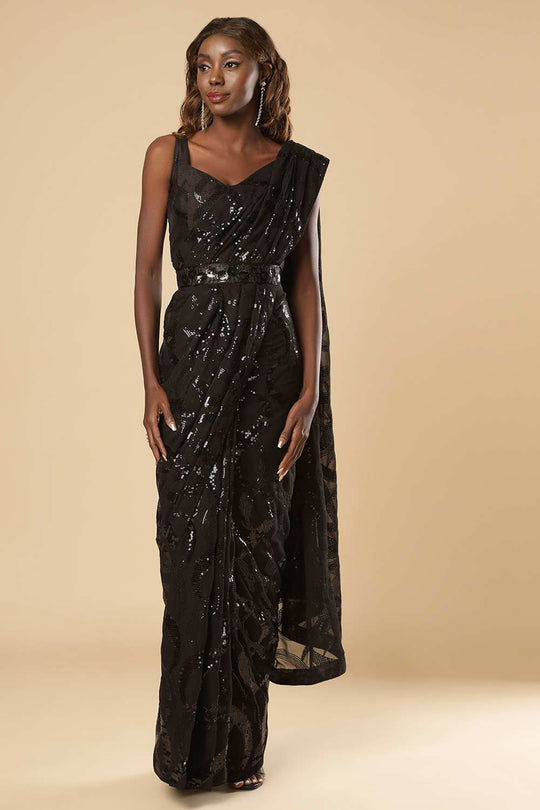 Buy Amara Black Georgette Sequin One Minute Saree Online - One Minute Saree
