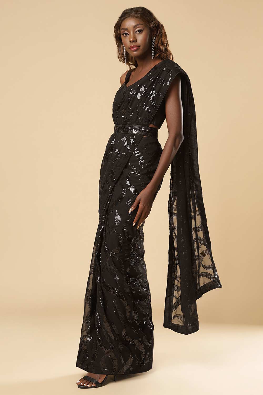 Buy Amara Black Georgette Sequin One Minute Saree Online