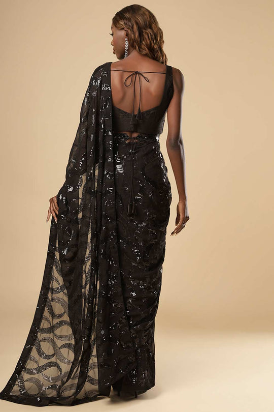 Shop Amara Black Georgette Sequin One Minute Saree at best offer at our  Store - One Minute Saree