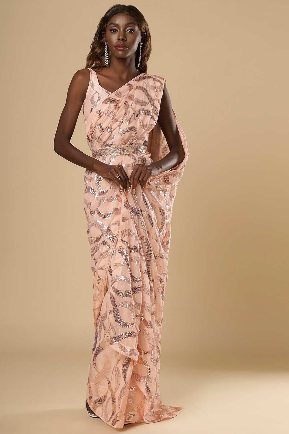 Buy Suri Peach Georgette Sequin One Minute Saree Online - One Minute Saree