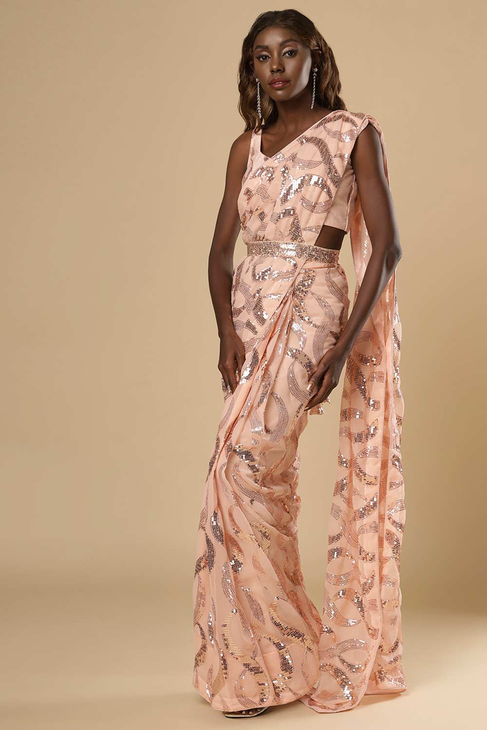 Buy Suri Peach Georgette Sequin One Minute Saree Online