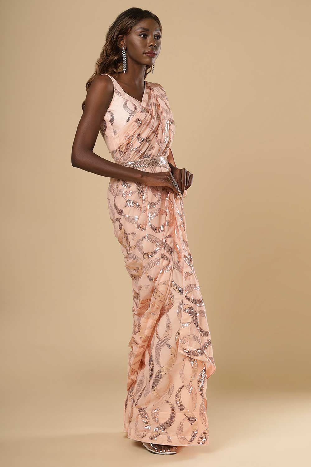 Buy Suri Peach Georgette Sequin One Minute Saree Online - Back