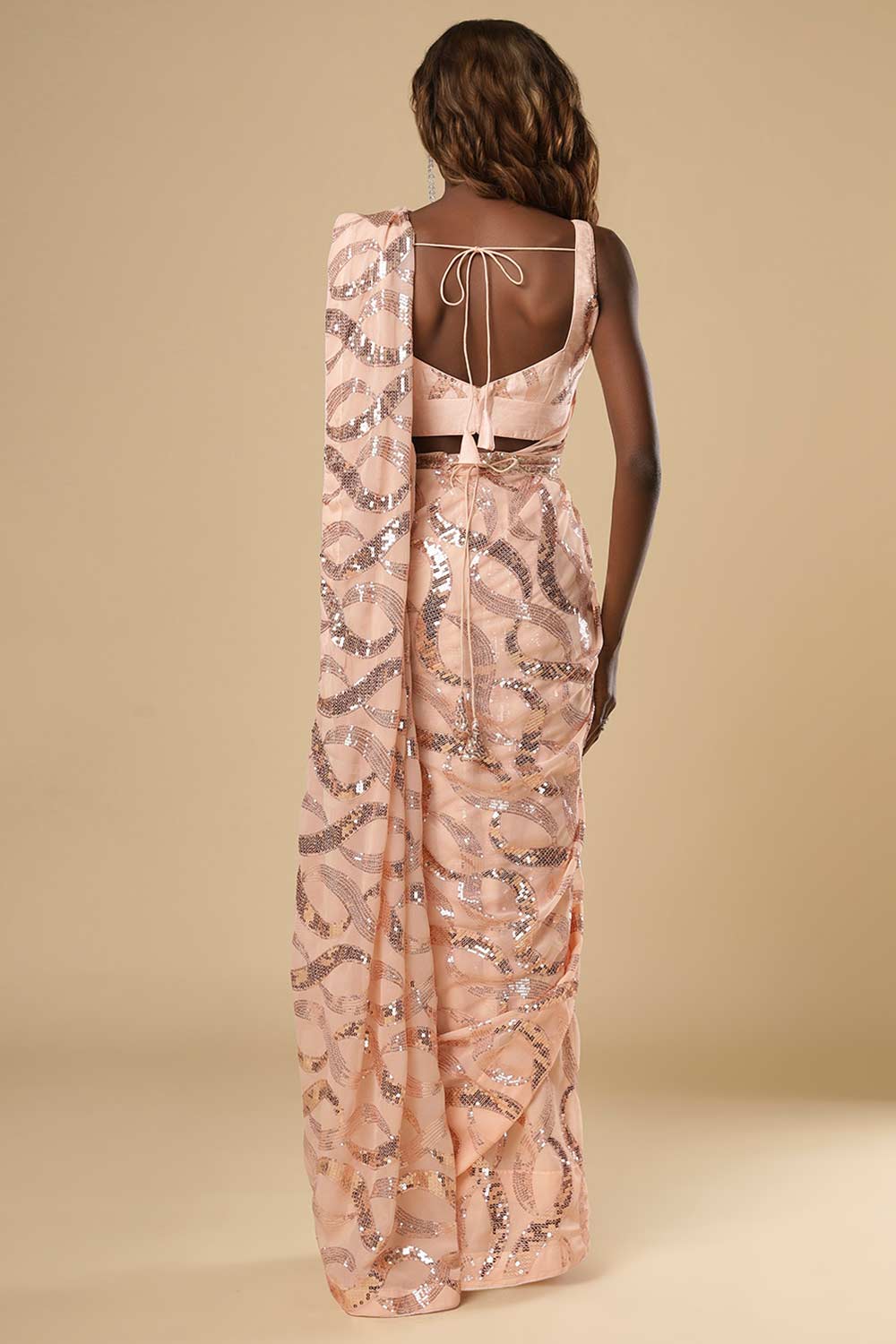 Shop Suri Peach Georgette Sequin One Minute Saree at best offer at our  Store - One Minute Saree