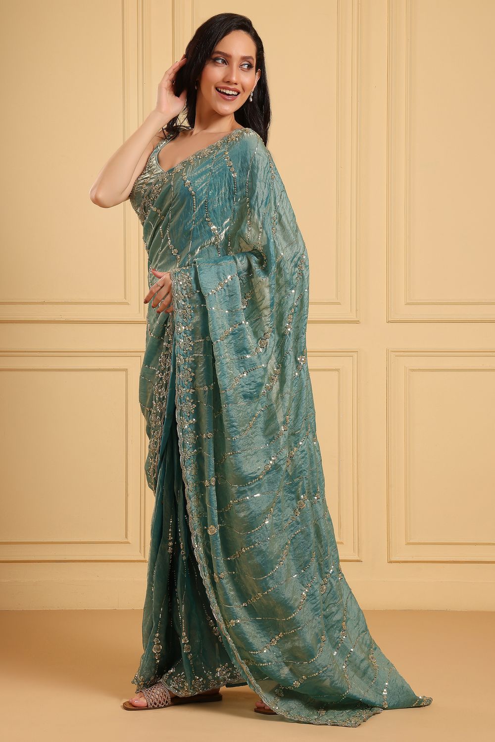 Sonja Sage Blue Paper Silk Designer Handwork Ready to Wear Saree