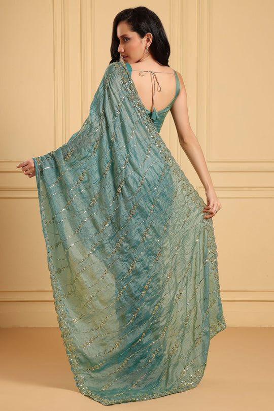 Sonja Sage Blue Paper Silk Designer Handwork Ready to Wear Saree