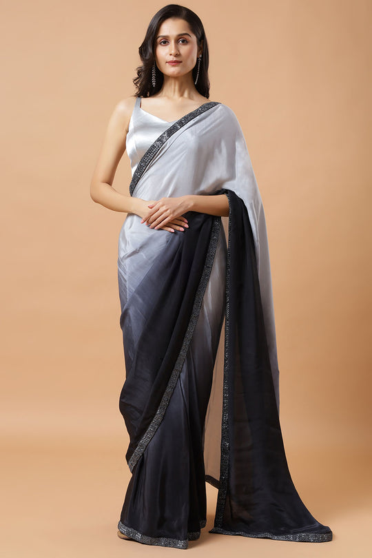 Minali Grey and Black Ombre Silk Beaded Border One Minute Saree