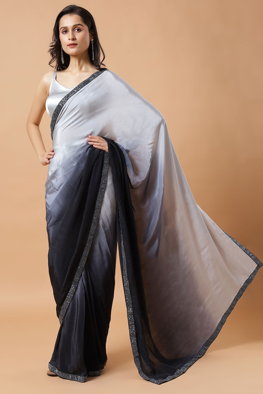 Minali Grey and Black Ombre Silk Beaded Border One Minute Saree
