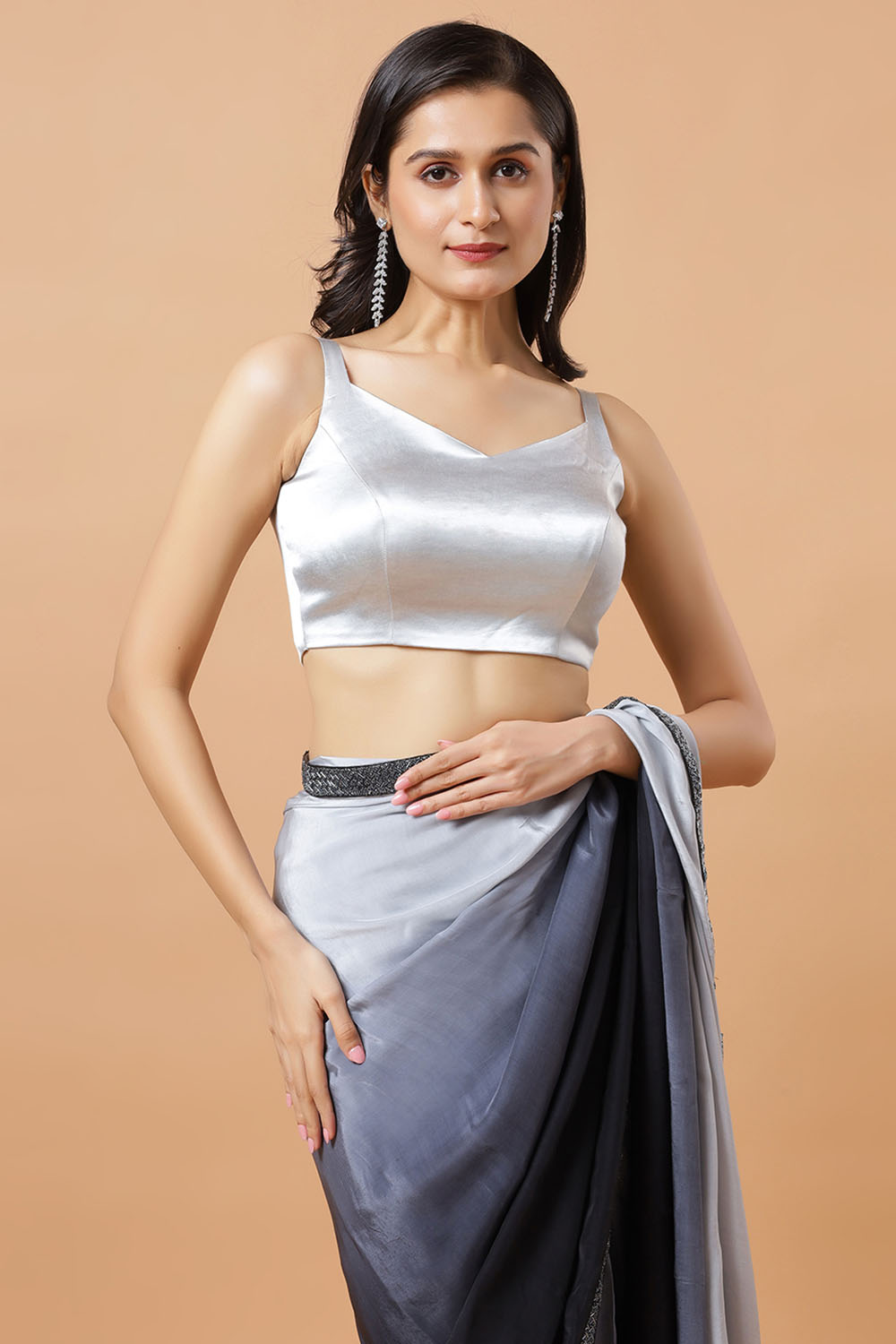 Minali Grey and Black Ombre Silk Beaded Border One Minute Saree