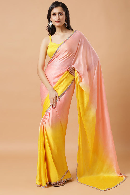 Aisha Peach & Yellow Ombre Satin Beaded Border One Minute Saree