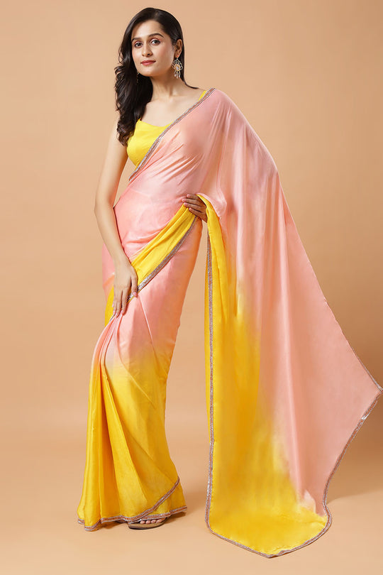 Aisha Peach & Yellow Ombre Satin Beaded Border One Minute Saree