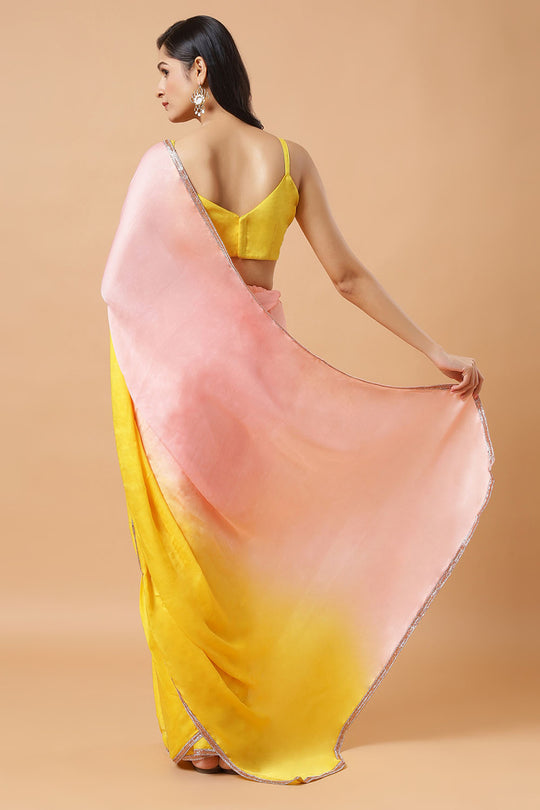 Aisha Peach & Yellow Ombre Satin Beaded Border One Minute Saree