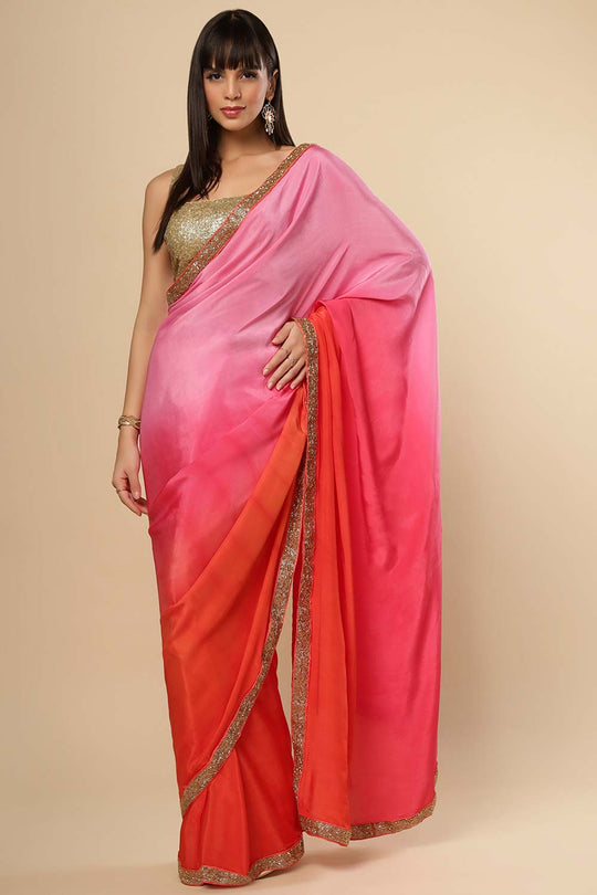 Chandini Pink & Orange Ombre Silk With Gold Sequins Border One Minute Saree