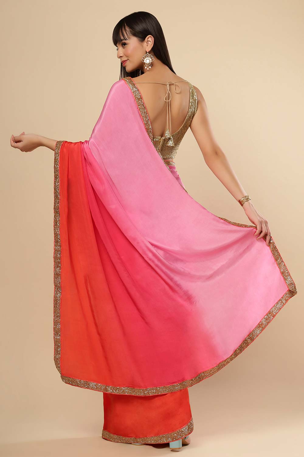Chandini Pink & Orange Ombre Silk With Gold Sequins Border One Minute Saree
