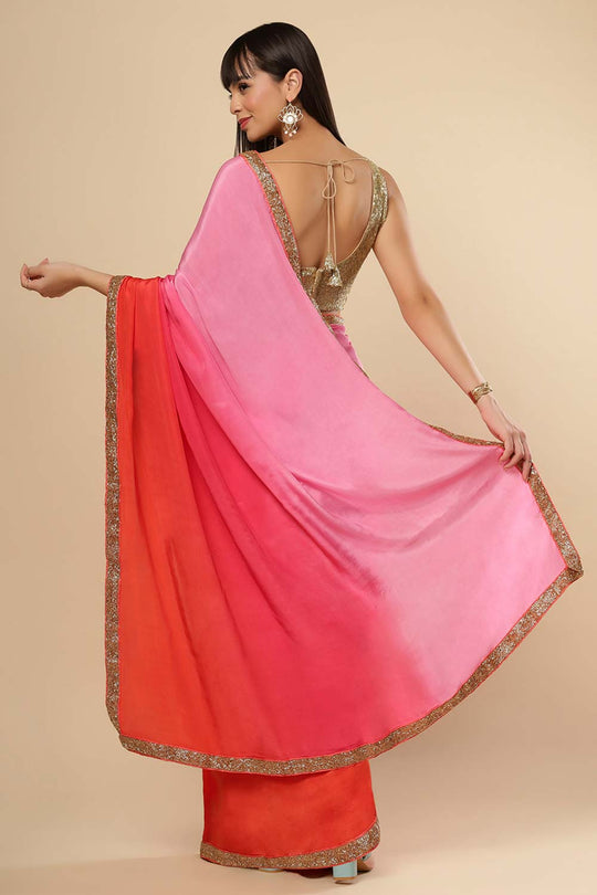 Chandini Pink & Orange Ombre Silk With Gold Sequins Border One Minute Saree