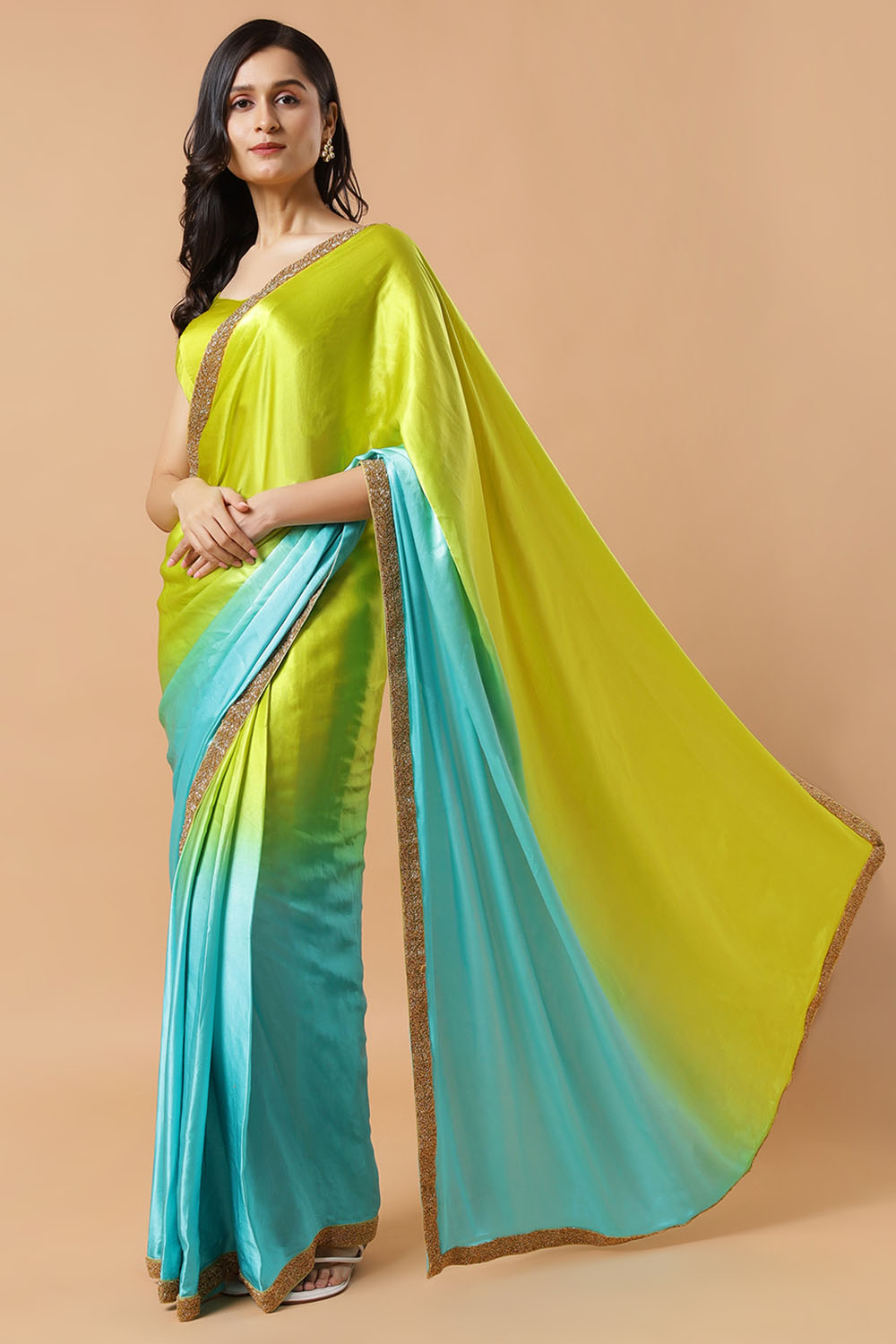 Chandini Turquoise & Lime Ombre Silk With Gold Sequins Border One Minute Saree
