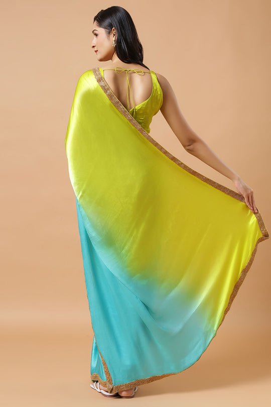 Chandini Turquoise & Lime Ombre Silk With Gold Sequins Border One Minute Saree