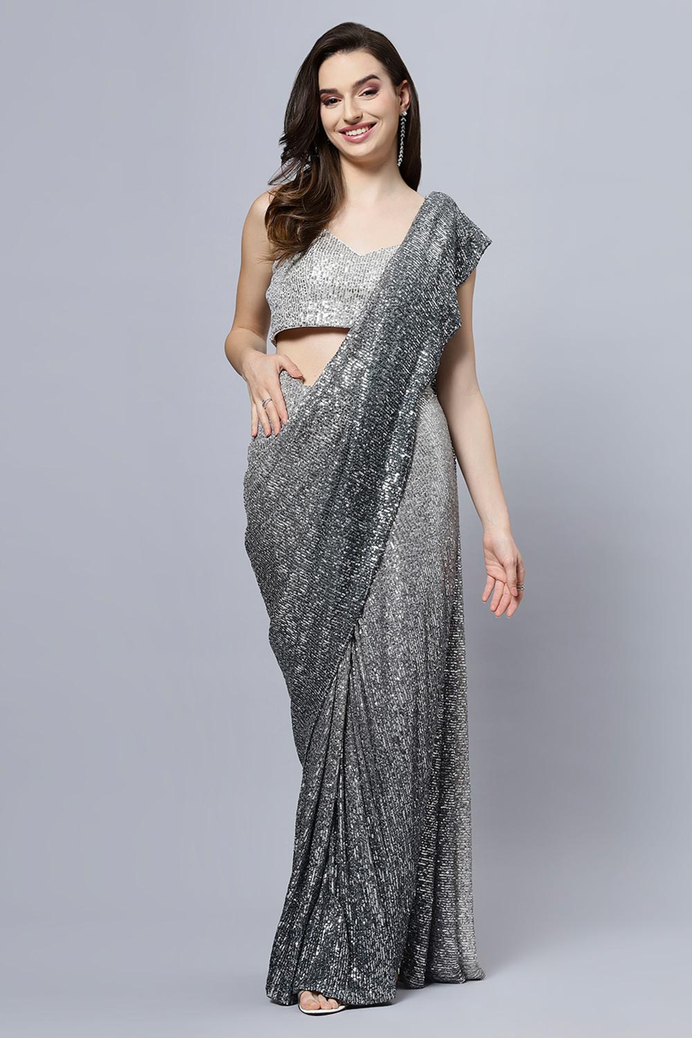 Luna Luxe Black & Grey Ombre Sequins One Minute Saree