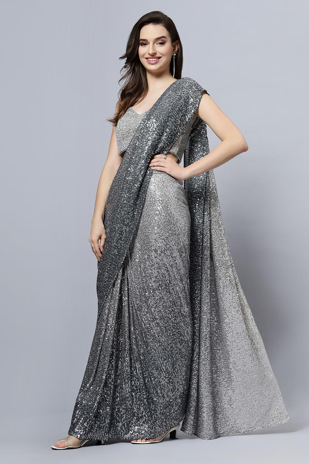 Luna Luxe Black & Grey Ombre Sequins One Minute Saree