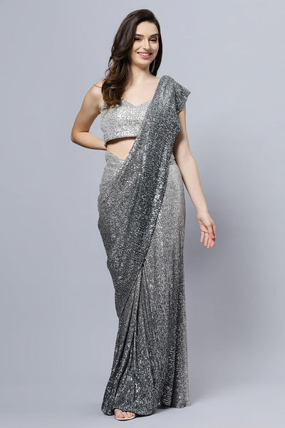 Luna Luxe Black & Grey Ombre Sequins One Minute Saree