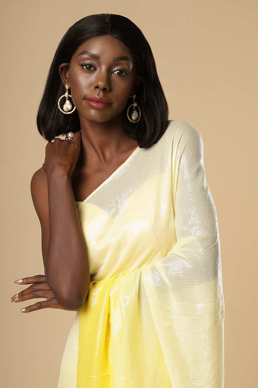 Buy Sana White & Yellow Ombre Sequins One Minute Saree Online - Front