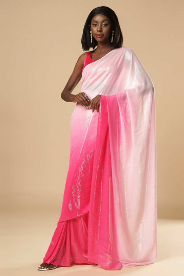 Kajol White & Pink Ombre Sequins One Minute Saree