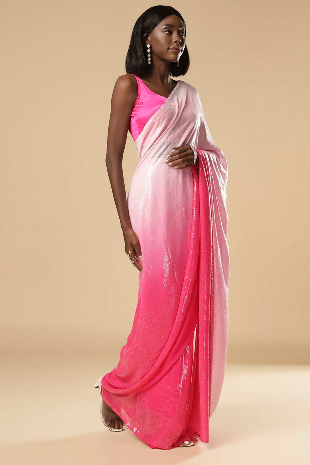 Buy Kajol White & Pink Ombre Sequins One Minute Saree Online