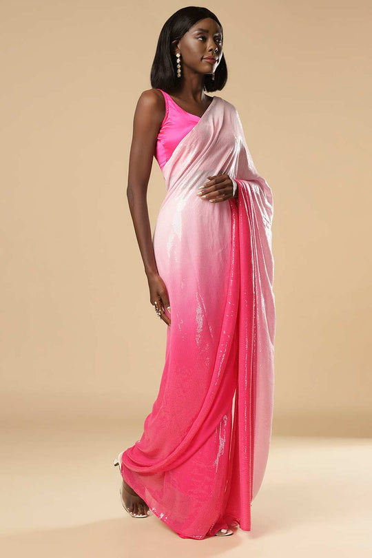 Buy Kajol White & Pink Ombre Sequins One Minute Saree Online