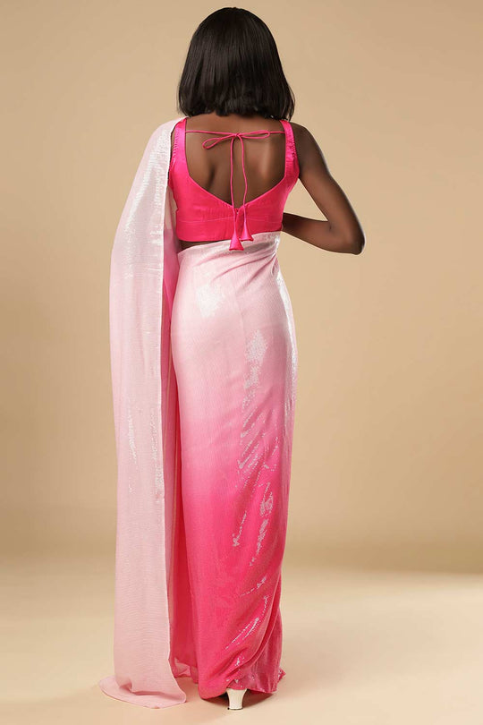 Buy Kajol White & Pink Ombre Sequins One Minute Saree Online - Back