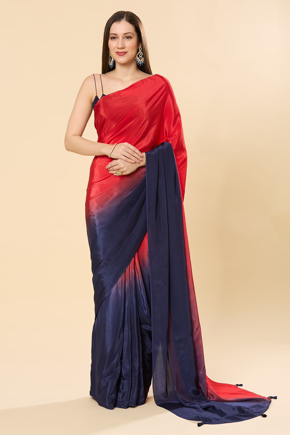 Mayleen Red & Blue Ombre Satin One Minute Saree