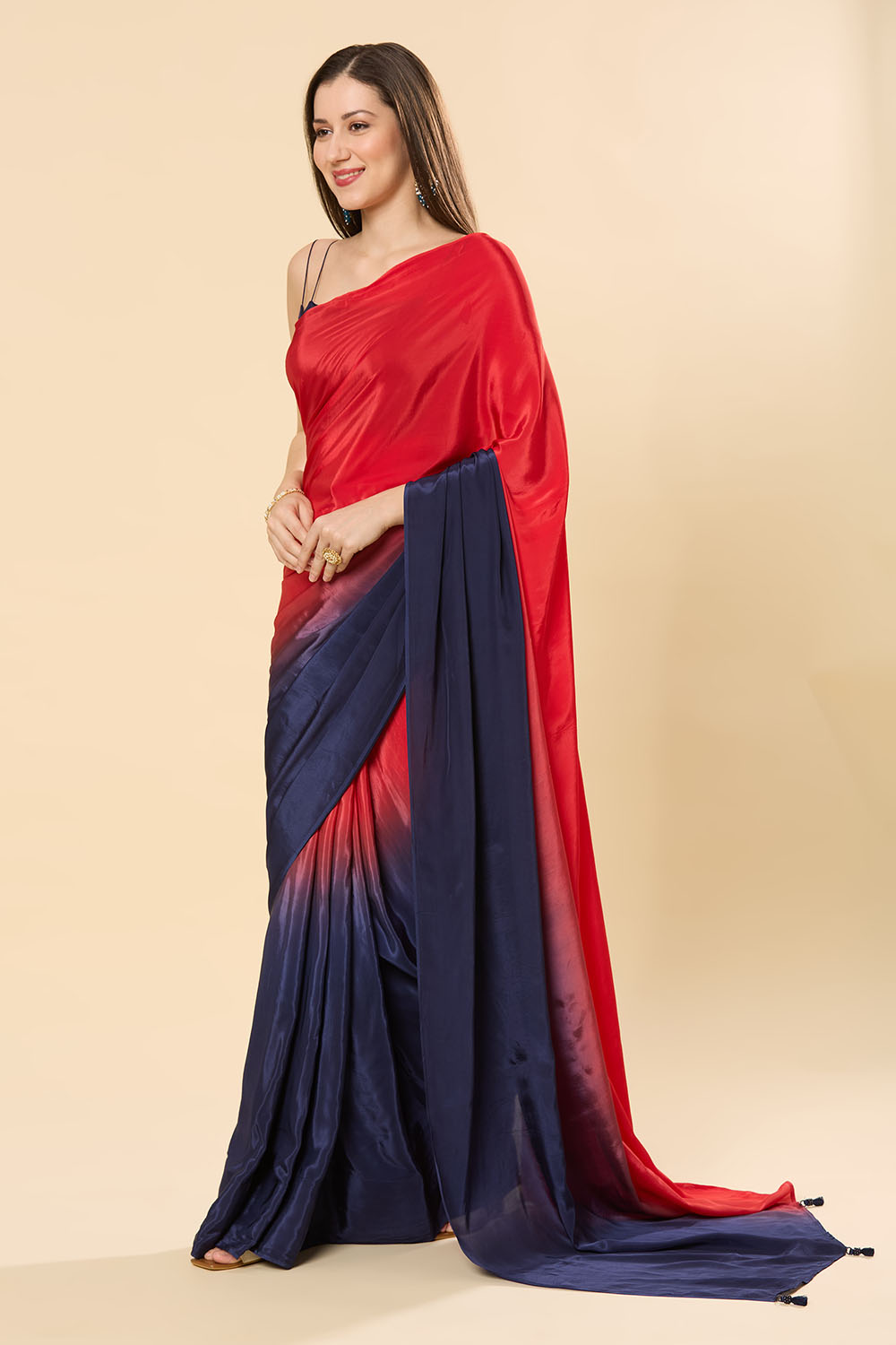 Mayleen Red & Blue Ombre Satin One Minute Saree