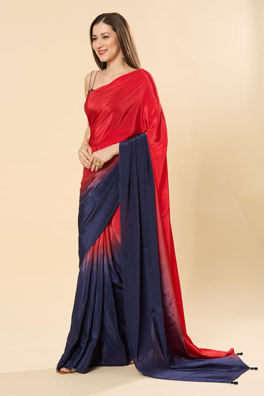 Mayleen Red & Blue Ombre Satin One Minute Saree