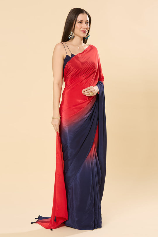Mayleen Red & Blue Ombre Satin One Minute Saree