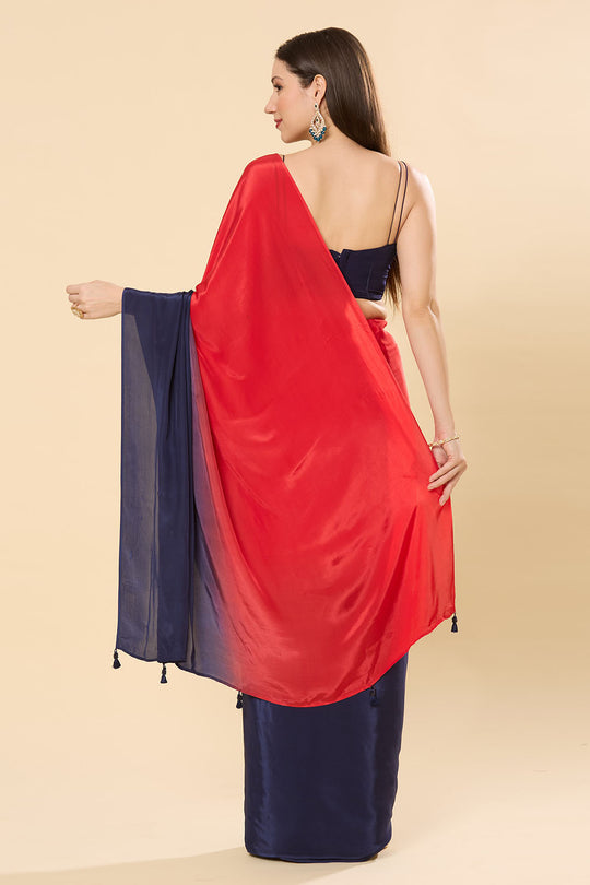 Mayleen Red & Blue Ombre Satin One Minute Saree